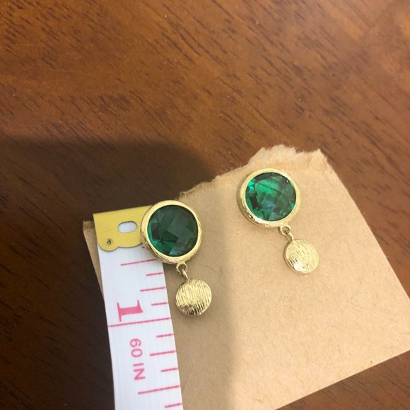 Sparkly Gold Tone Green Circular Drop Earrings. - Picture 9 of 13
